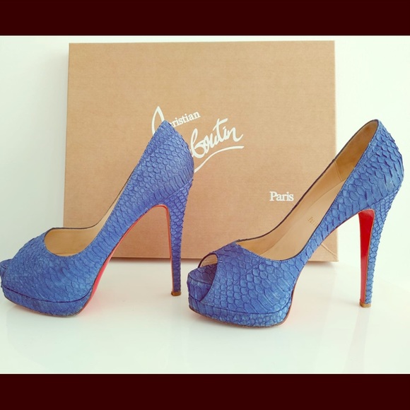 Christian Louboutin Blue Suede Snake Skin Peep Toe